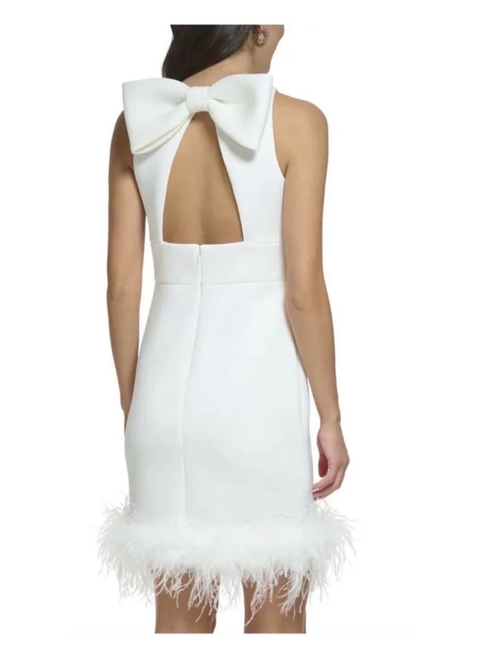 ELIZA J Bow Back Sleeveless White Feather Hem Sheath Dress in Ivory Sz: 6 $246